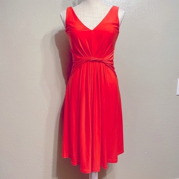 T Tahari Sleeveless Twist Front V Neck MIDI Dress Bright Salmon - Picture 4 of 13
